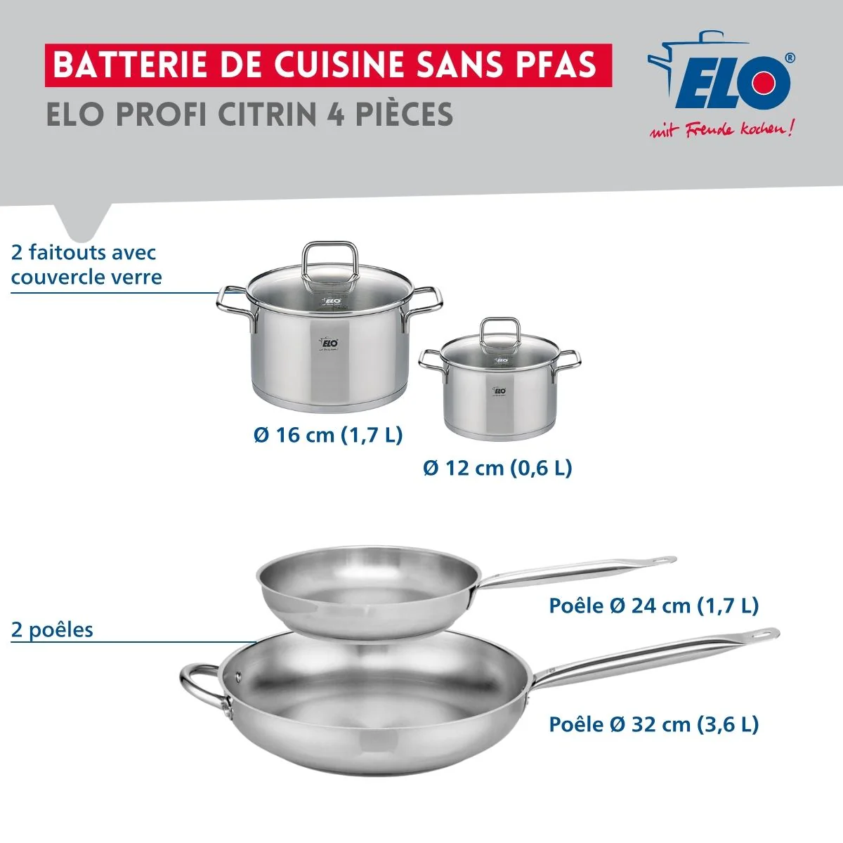 Ensemble de 2 Poêles de cuisson 24 et 32 cm et 2 faitouts 12 et 16 cm Elo Profi Citrin Elo