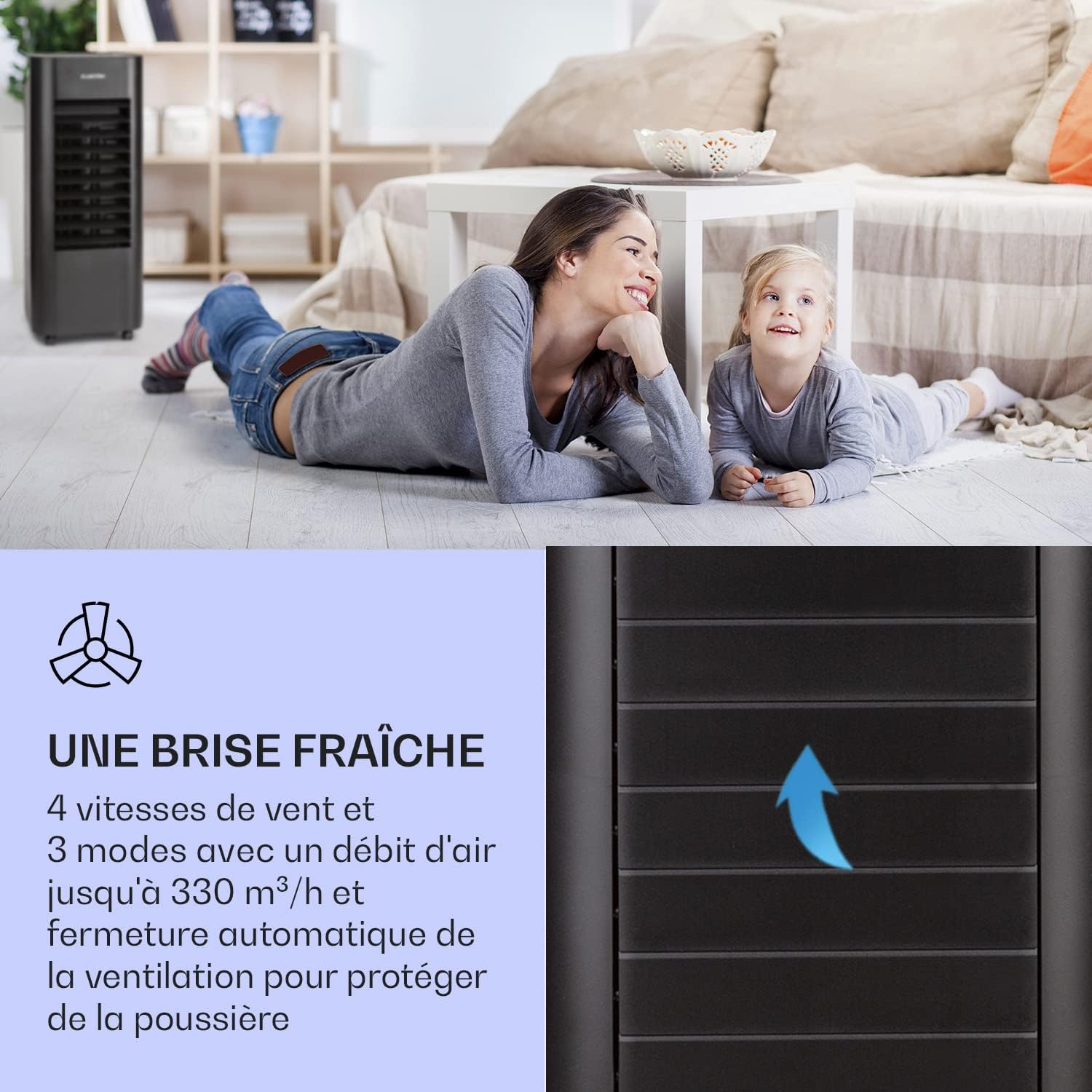 Klarstein Rafraichisseur d'Air 4 en 1, Climatiseur Portable Smart APP Mobile, Humidificateur, Ventilateur, Sans Évacuation 65W, Pack Glacons, Mode Nuit, Puissant Débit d'Air 330m³/h