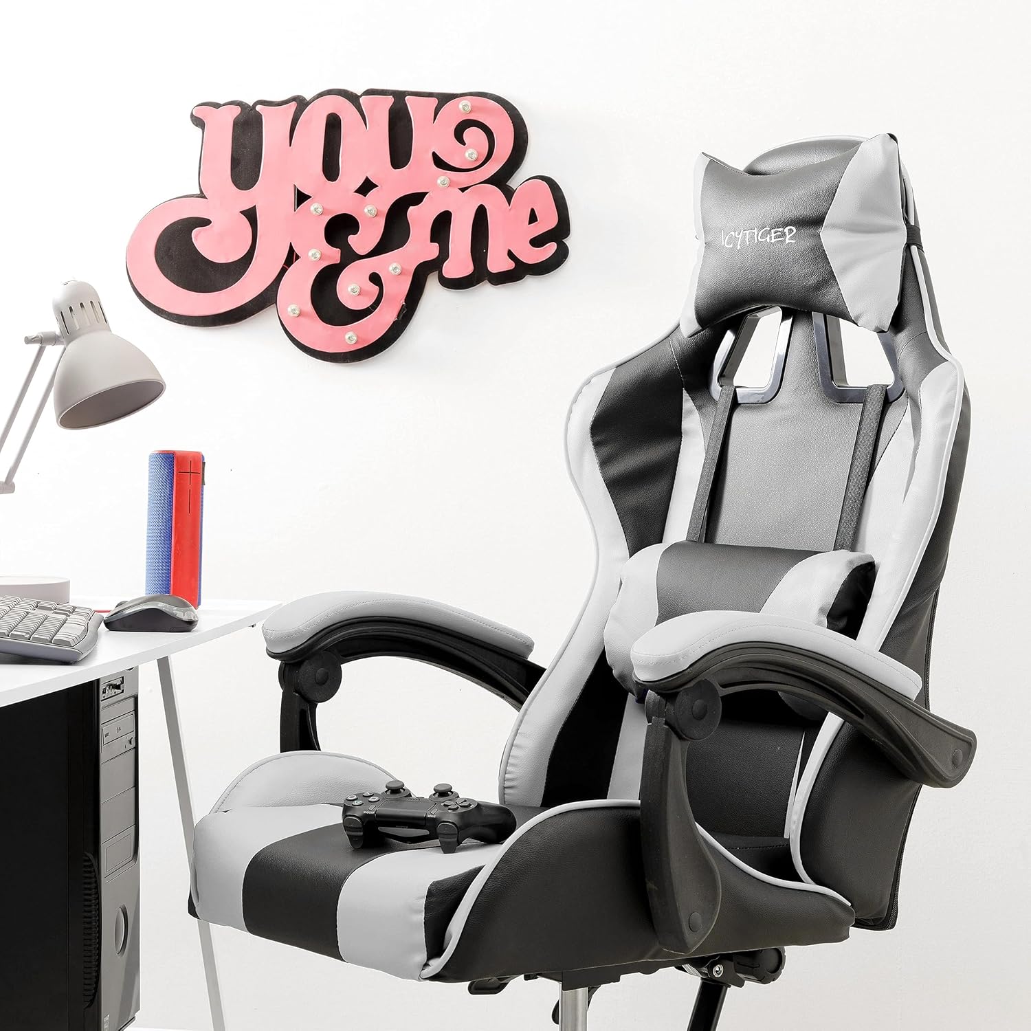 Baroni Home Chaise de Gaming, Chase de Jeux Ergonomique Chaise de Bureau avec Confortable Dossier réglable, Appui-tête et Soutien Lombaire, Blanc