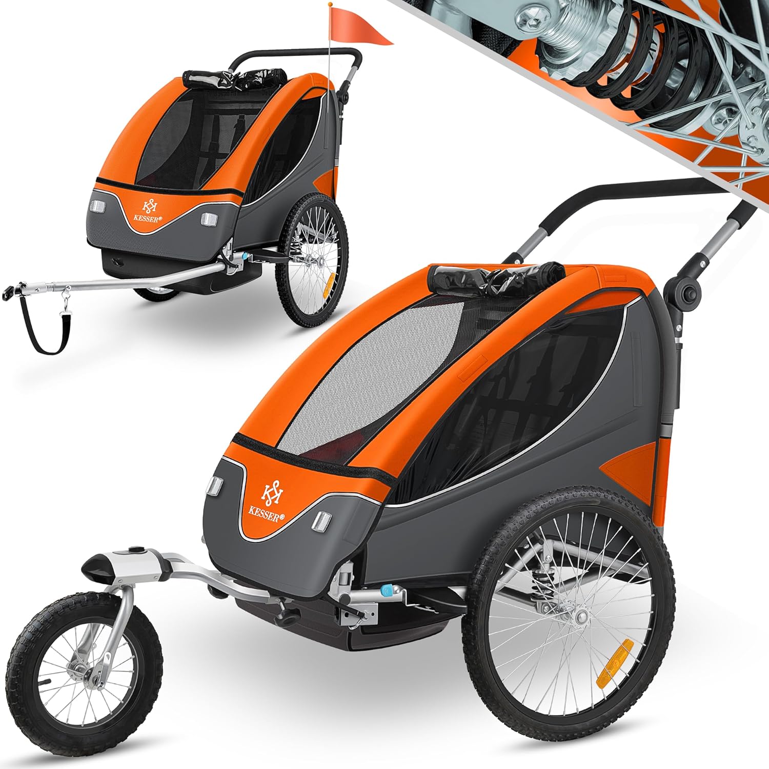 KESSER® Remorque de vélo pour enfant - Rotation à 360° - Avec suspension 2 en 1 - Fonction jogger - Remorque de vélo pour enfant - Sangle à 5 points - Pour 1 à 2 enfants - 40 kg