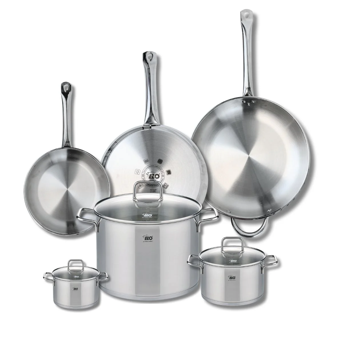 Ensemble de 3 Poêles de cuisson 24, 28 et 32 cm et 3 faitouts 12, 16 et 26 cm Elo Profi Citrin Elo