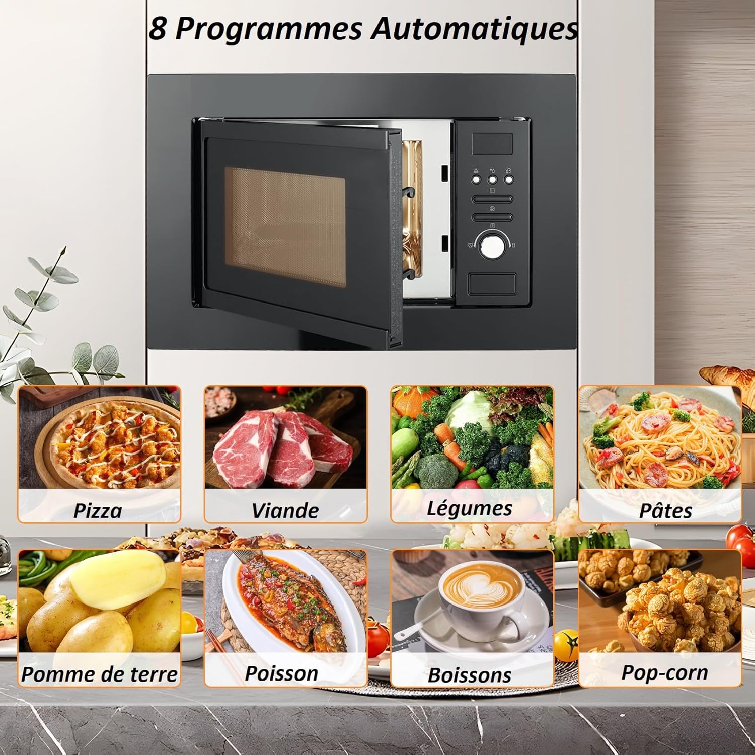 Techomey Micro-ondes Encastrable, 20L, Micro-ondes Grill Intégrable, Micro-ondes 800W, Grill 1000W, L59,5 x P34,4 x H38,8cm, Plateau Tounant 24,5cm, Noir