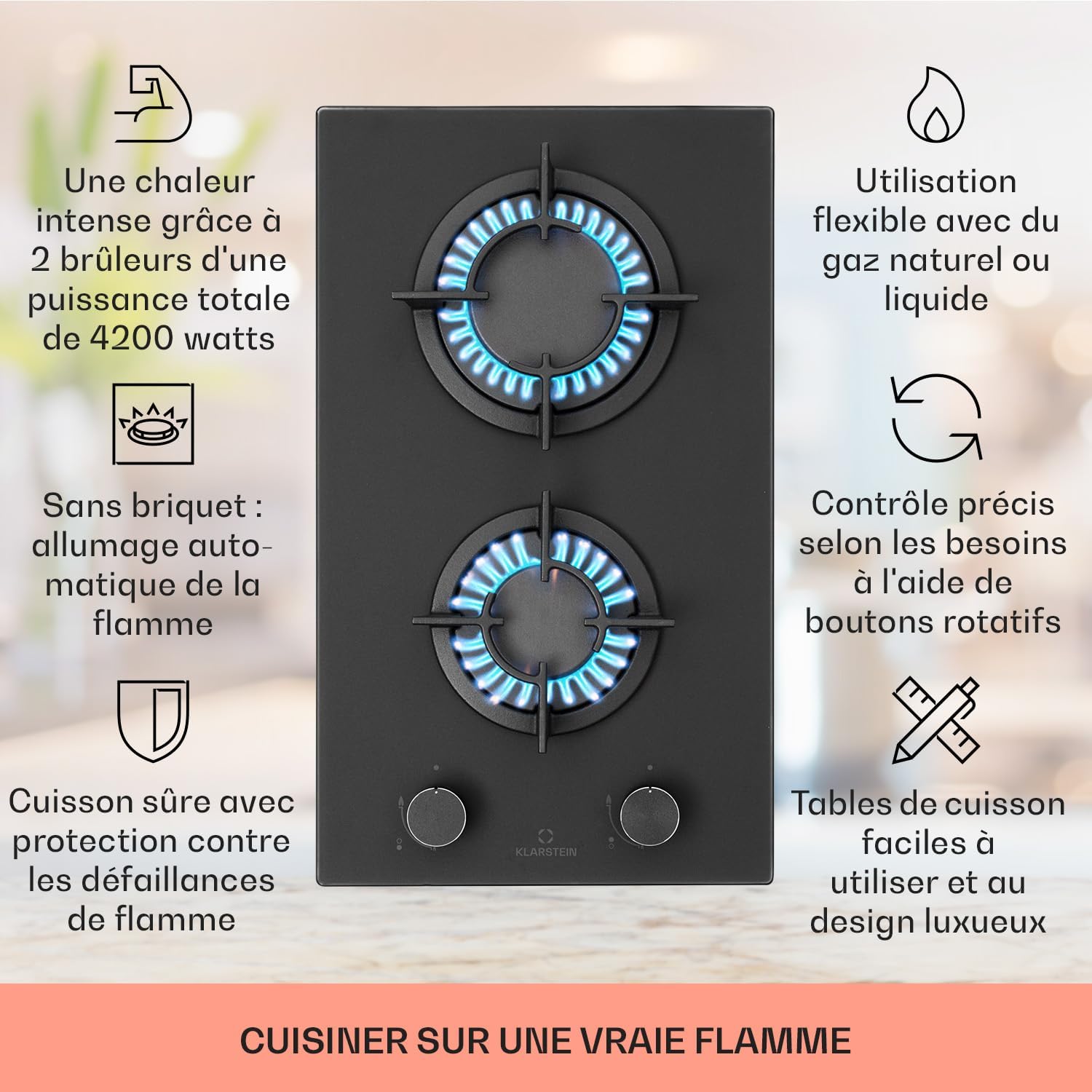 Klarstein Table de Cuisson à Gaz, Plaque de Cuisson Gaz à 4 Brûleurs, Table de Cuisson Electrique à 4 Feux de 8000W, Cuisiniere Gaz, Gaziniere Gaz avec Brûleurs en Acier Inoxydable, Cuisinières GPL