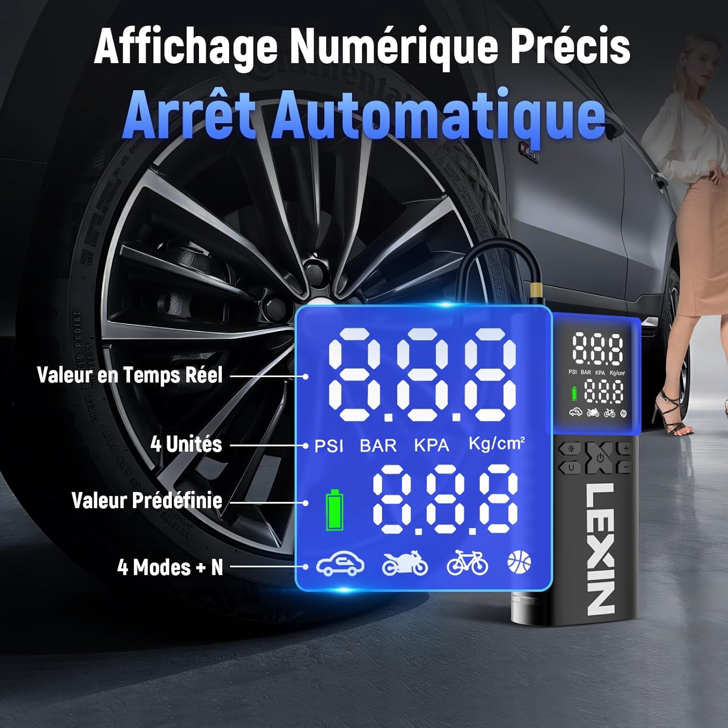 LEXIN P5 Compresseur d'Air Portatif 150PSI, Gonfleur Pneus sans Fil 5000mAh, Gonfleur lectrique l'cran LCD, Puissance Mobile, Pompe de Pneu avec Presta/Schrader pour Moto/Voiture/Vélo/Balle/Scoote