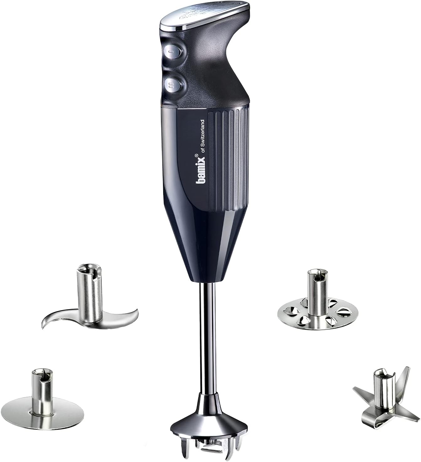 bamix Set avec mixeur plongeant M350 MAXX avec couteau étoile et hachoir, disques fouet et mélangeur en inox, 350 W, 2 vitesses, Fabriqué en Suisse, Noir/Chromé