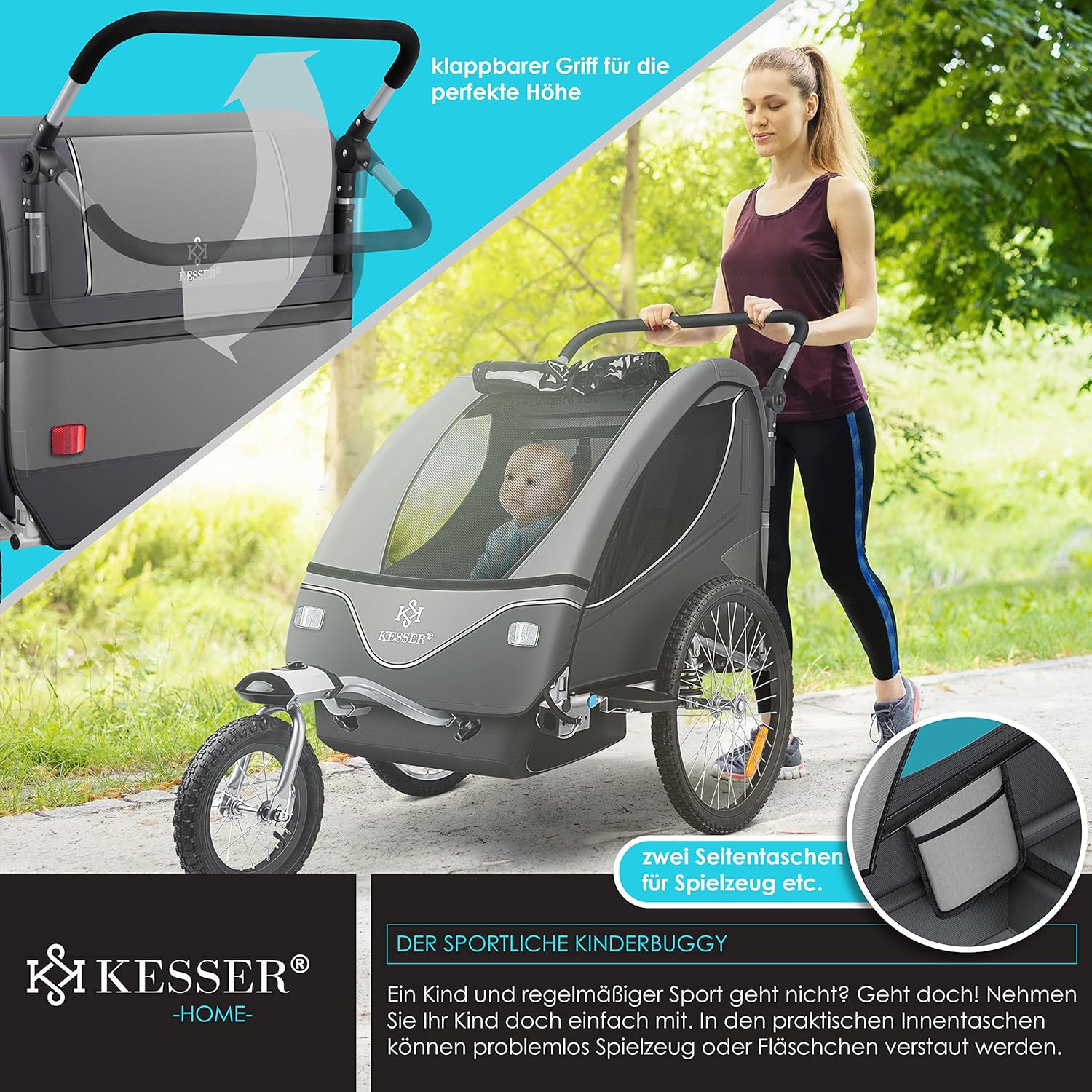 KESSER® Remorque de vélo pour enfant - Rotation à 360° - Avec suspension 2 en 1 - Fonction jogger - Remorque de vélo pour enfant - Sangle à 5 points - Pour 1 à 2 enfants - 40 kg