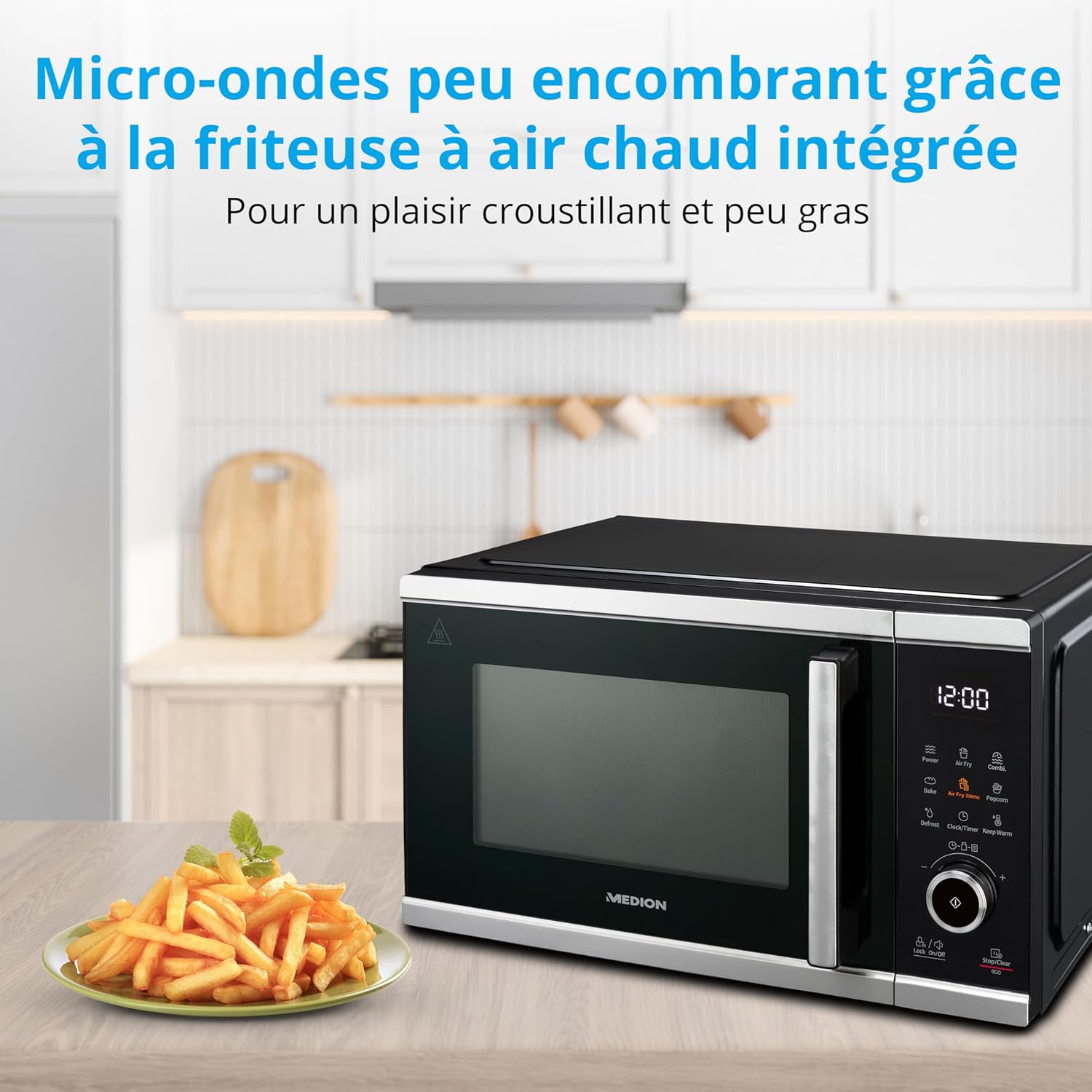 MEDION Micro-onde avec air fryer (Friteuse sans huile à air chaud integrée, 25L, 900W, 1500 W air chaud, 10 programmes automatiques, 10 niveaux de puissance, mode décongeler, MD11499) noir