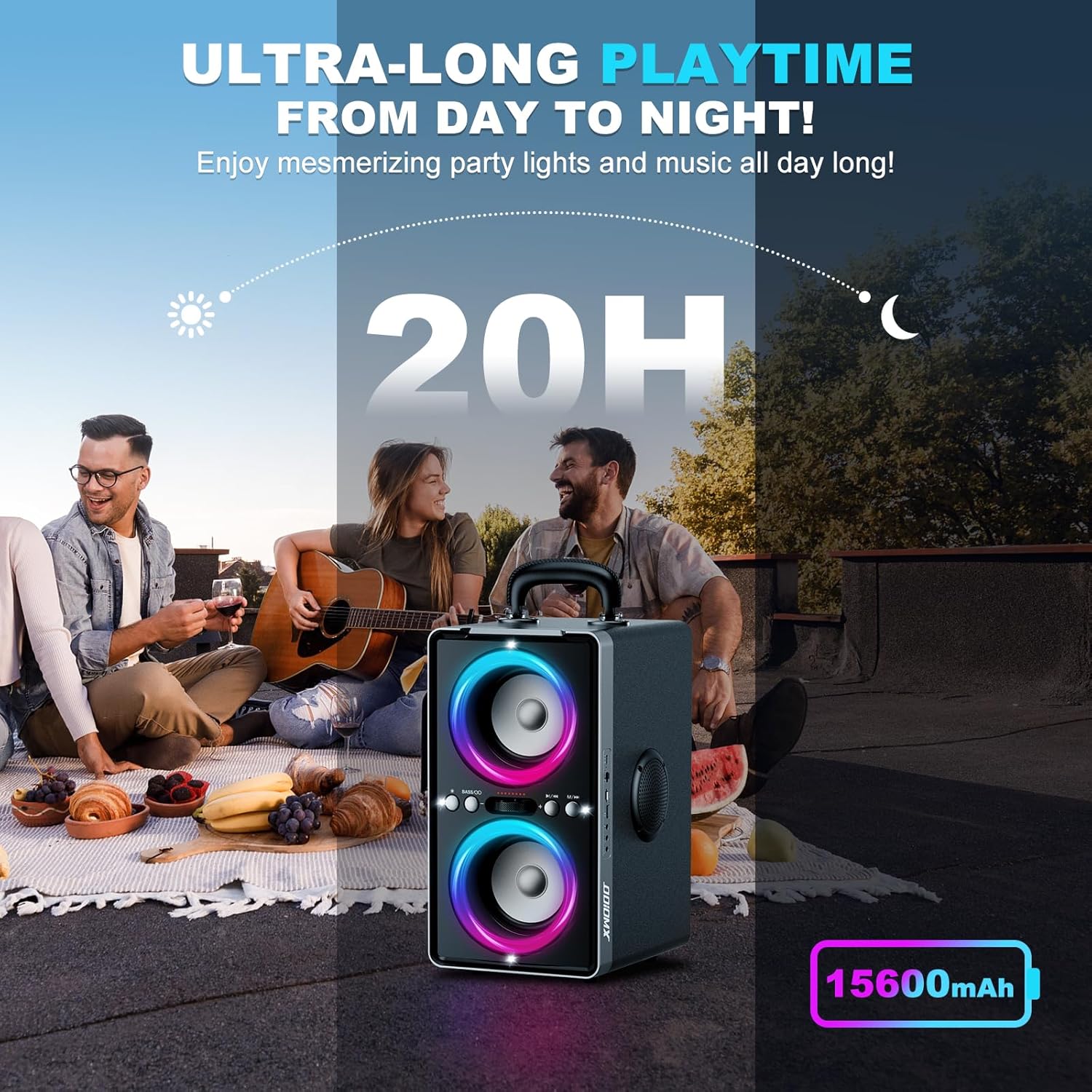 Enceinte Bluetooth Puissante, 200W Enceinte Portable Bluetooth avec Super Bass, Autonomie 15 hrs, LED Light Show, Appairage TWS, Lecture USB/TF Carte/AUX, pour Extérieur, Maison, Fêtes, Camping