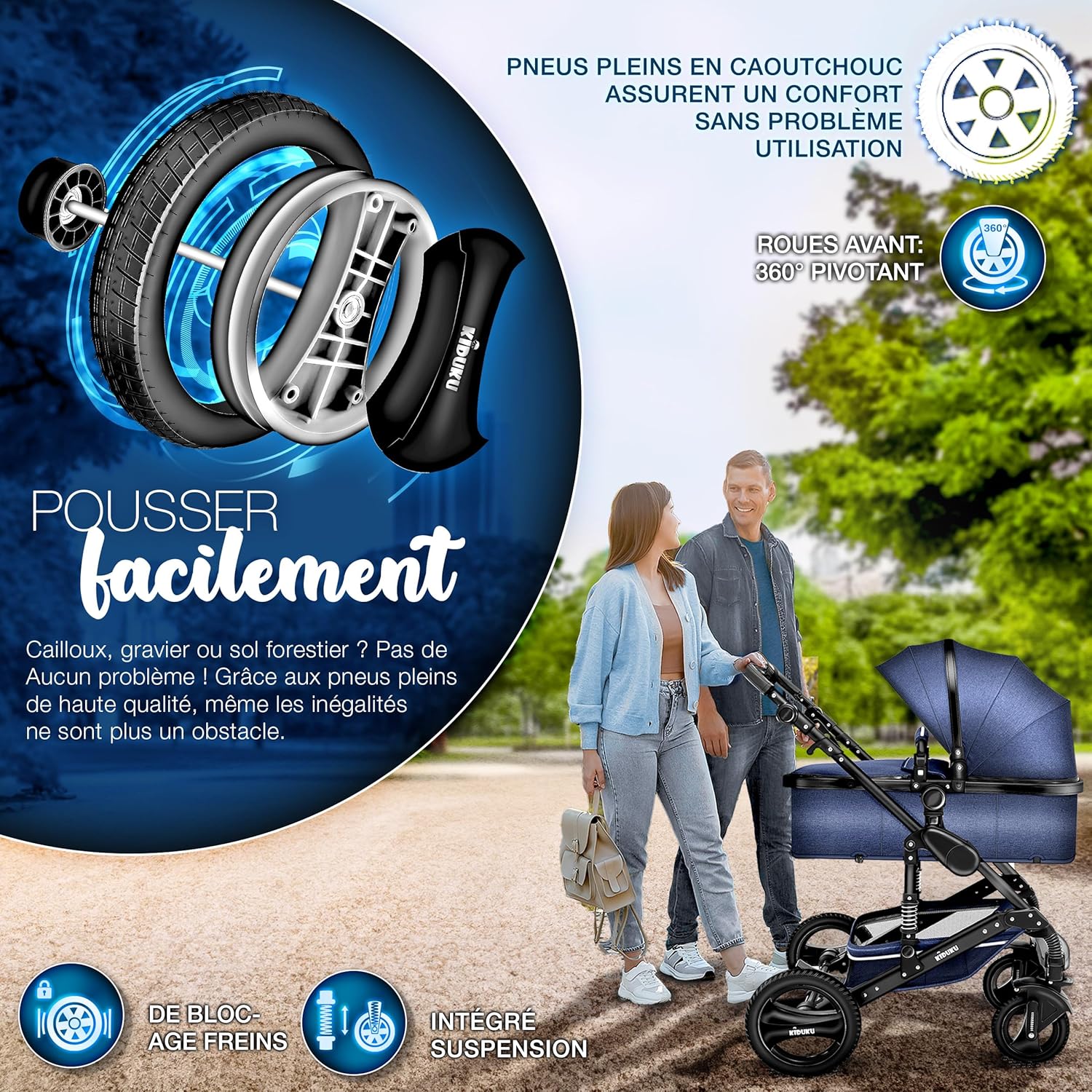 KIDUKU® Poussette Combinée 3 en 1 | Trio pour Enfants | Siége Auto Légère, Piable | Nacelle Souple Convertible | Set de Voyage (Noir/Champagne)