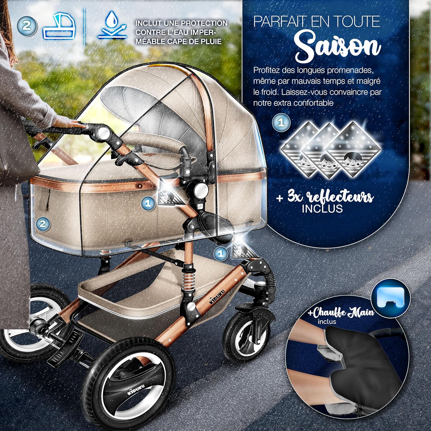 KIDUKU® Poussette Combinée 3 en 1 | Trio pour Enfants | Siége Auto Légère, Piable | Nacelle Souple Convertible | Set de Voyage (Noir/Champagne)