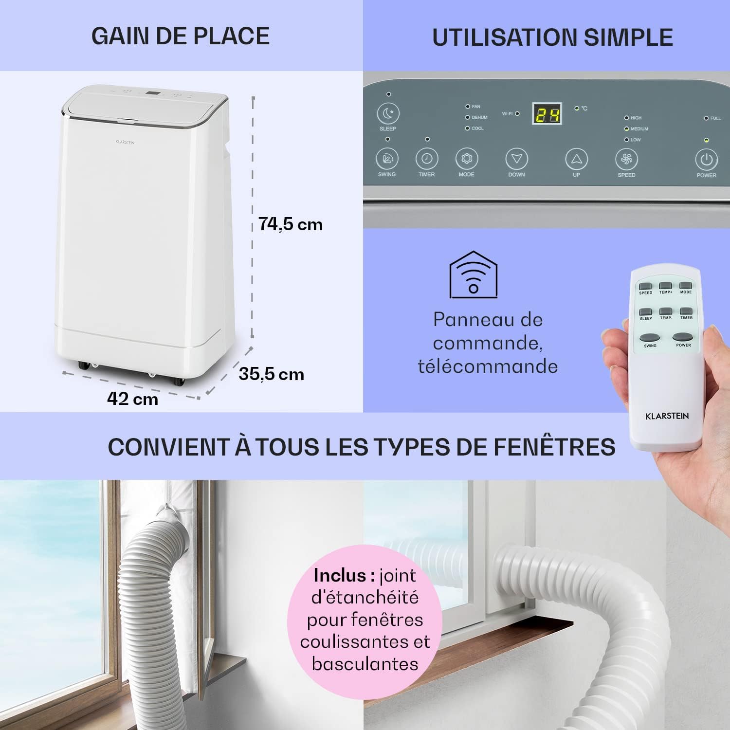 Klarstein Climatiseur Mobile Silencieux, Climatiseur 3 en 1, Mode Nuit, Déshumidificateur, Ventilateur, Mini Climatisation à Faible Conso, Evacuation, Clim Portable, Puissante, 12000 BTU, Climatiseurs