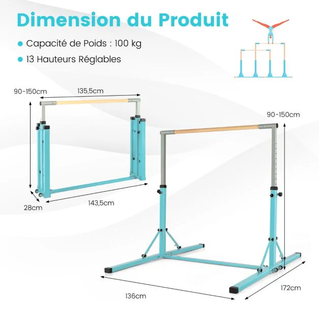 Barre de gymnastique pliable pour enfants avec 13 hauteurs réglables (90-150cm) barre d'entranement junior avec structure triangulaire charge 100kg bleu 20_0007832