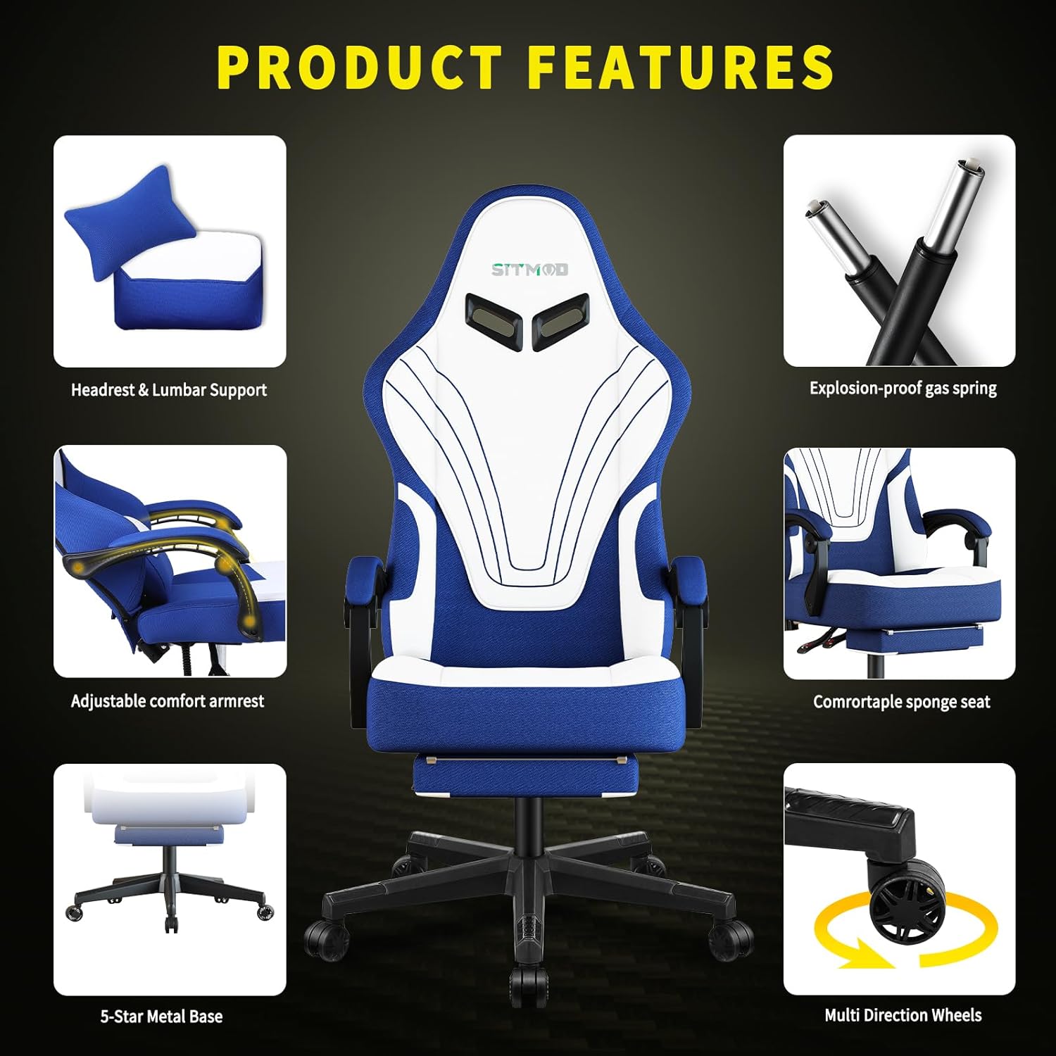 Ulody Chaise Gaming Ergonomique, Fauteuil de Bureau Pivotant, Dossier Haut, Siege Gamer avec Appui-tête et Soutien Lombaire Ajustables, Chaise de Jeu avec Repose-Pieds(Gris)