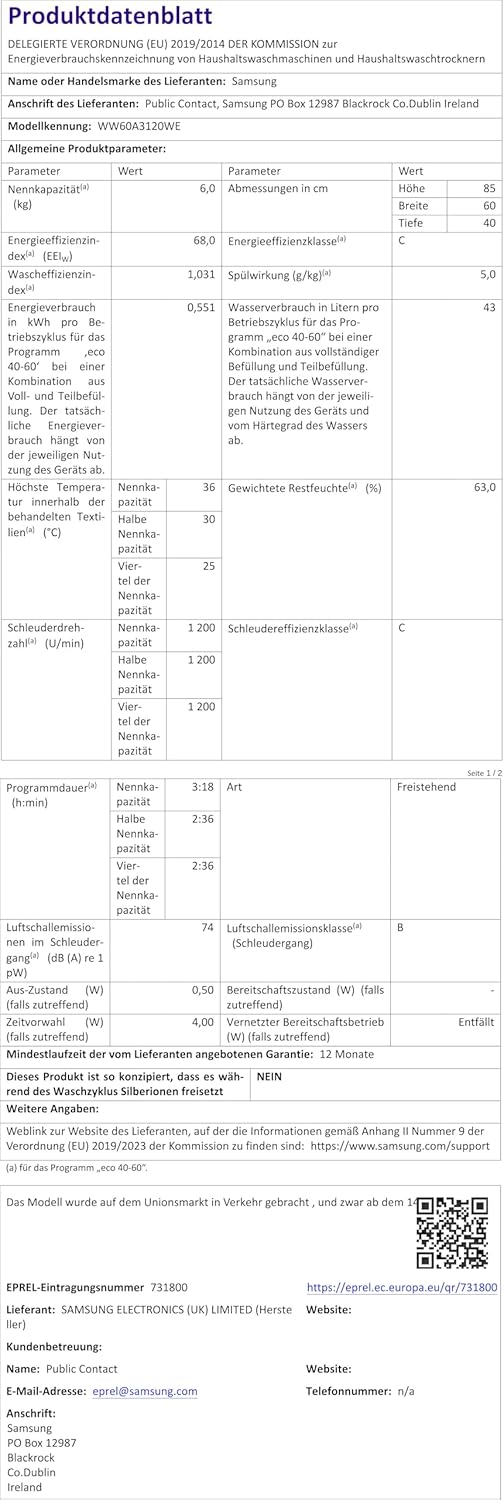 Machine à laver Samsung WW60A3120WE/ET Slim, autonome, 6 kg, 1200 tr/min, vapeur, chargement frontal, 85 x 59,5 x 40 cm, blanc