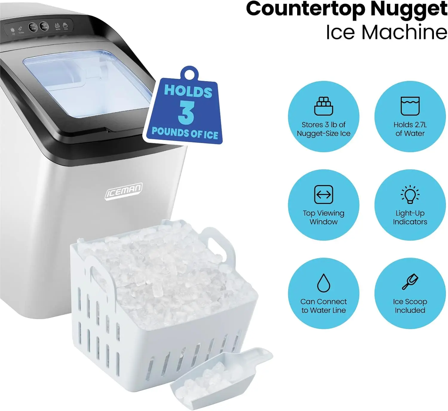 Iceman Countertop Nugget Ice Maker – Pebble Ice Machine, Soft Chewable Pellets in 20 Min, 26Lbs/24H, 3lb. Capacity, Waterline-Compatible, Self-Cleaning, Stainless-Steel + Scoop