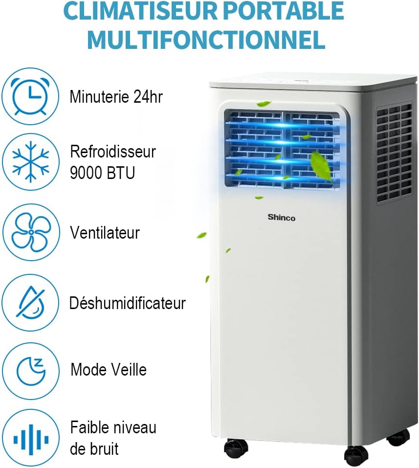 SHINCO Climatiseur mobile, 7000 BTU 2,05kW, Refroidir&Ventilation&Déshumidification, taille de la pièce jusqu'à 54m³(18㎡), Climatiseur mobile avec tuyau d'évacuation et tuyau de vidange, mode sommeil