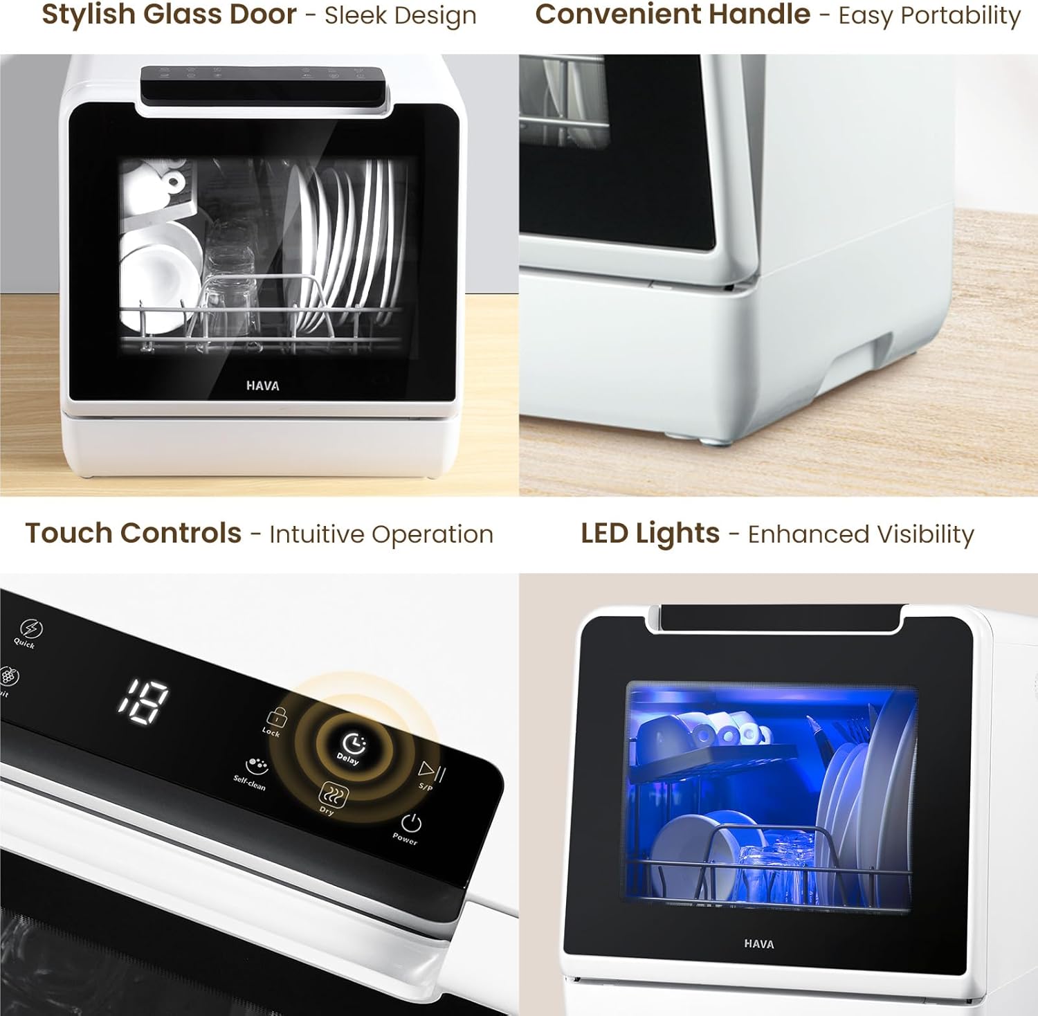 HAVA mini lave vaisselle, nouveau modèle amélioré 2024, 8 programmes de lavage, lave-vaisselle portable avec sécurité enfant et fonction de démarrage différé, réservoir d'eau de 5 L