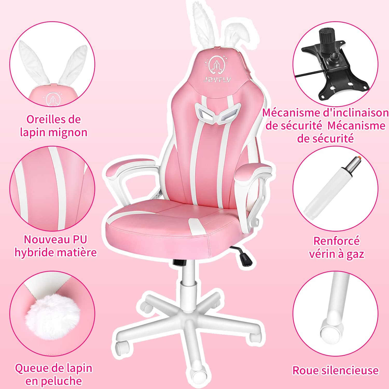 JOYFLY Chaise de Jeu Rose Ergonomique Kawaii Fauteuil Gaming avec Rabbit Ear Chaise de Bureau d'ordinateur Schreibtischstuhl avec Support Lombaire Filles(Rose)