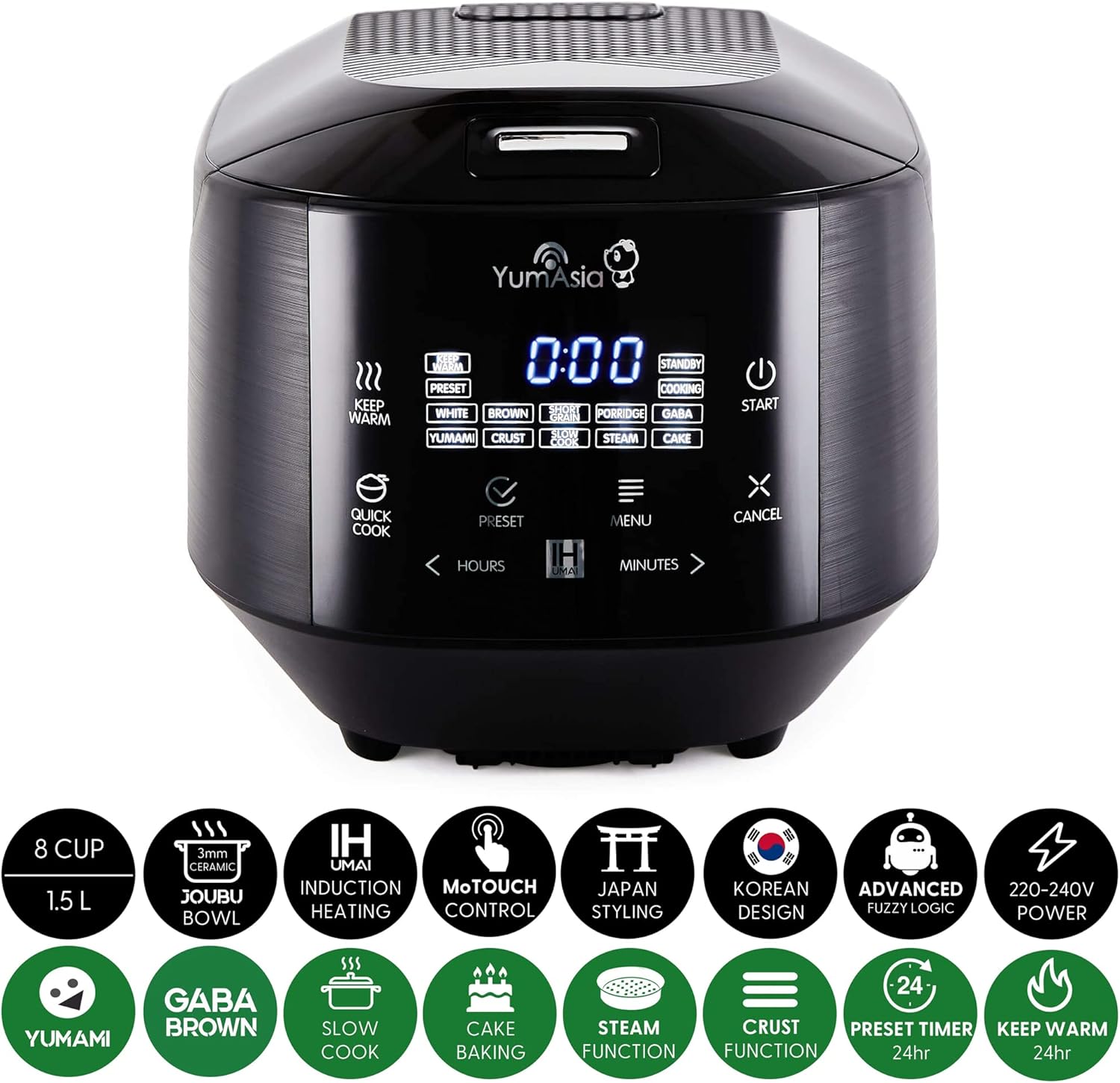 Yum Asia Bamboo Cuiseur à riz avec chauffage à induction (IH) et bol en céramique, 7 fonctions de cuisson au riz, 4 fonctions multicuiseurs, écran LED Motouch – 220-240V EU (Argent métallique)