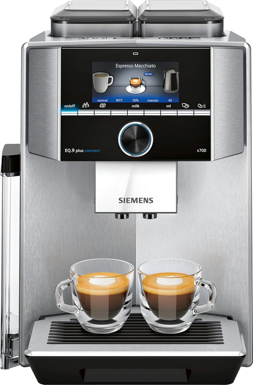 Siemens, machine à café automatique EQ900 TQ903D03, contrôle par l'application, écran tactile, mode barista, AromaBoost, réduction du bruit, broyeur premium, nettoyage à la vapeur, 1 500 W, inox