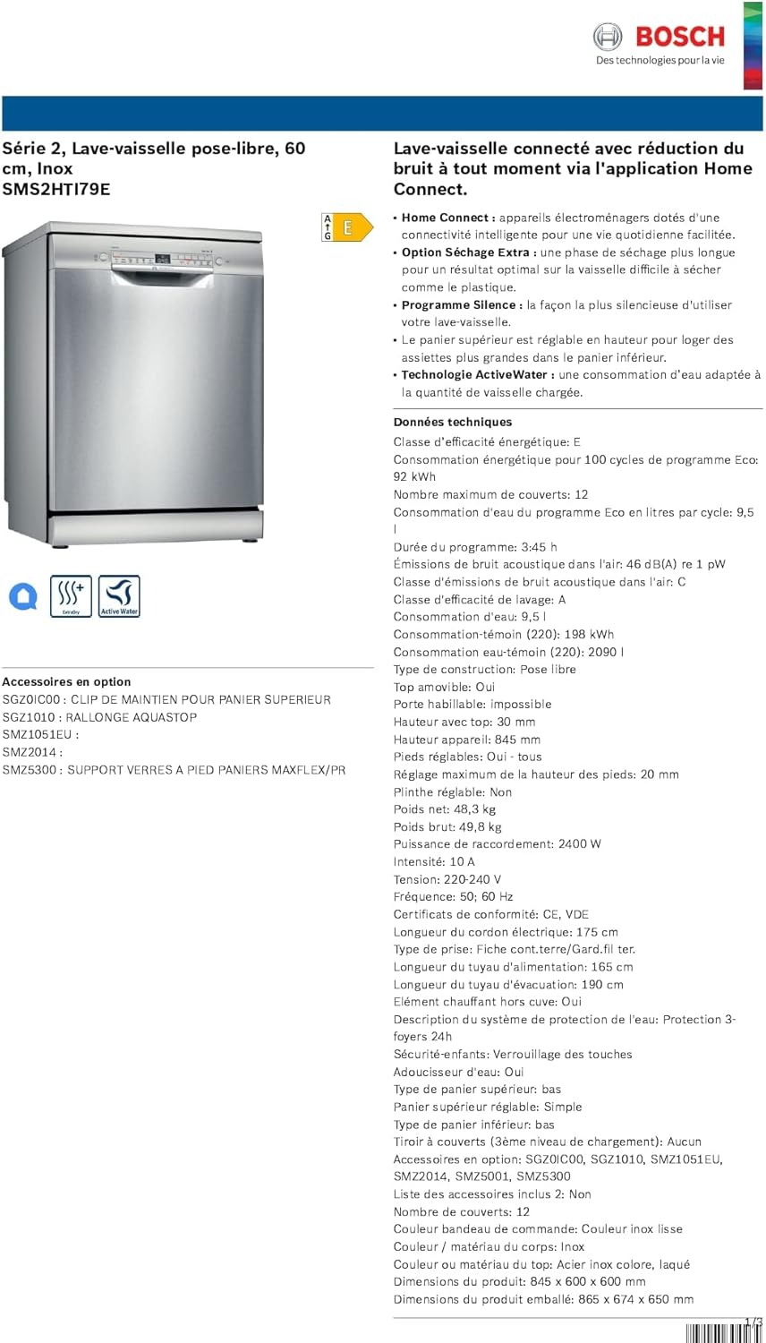 Bosch SMS2ITI12E - Série 2, Lave-vaisselle pose libre - 60cm - Home Connect - 12 couverts - Moteur EcoSilence - Inox