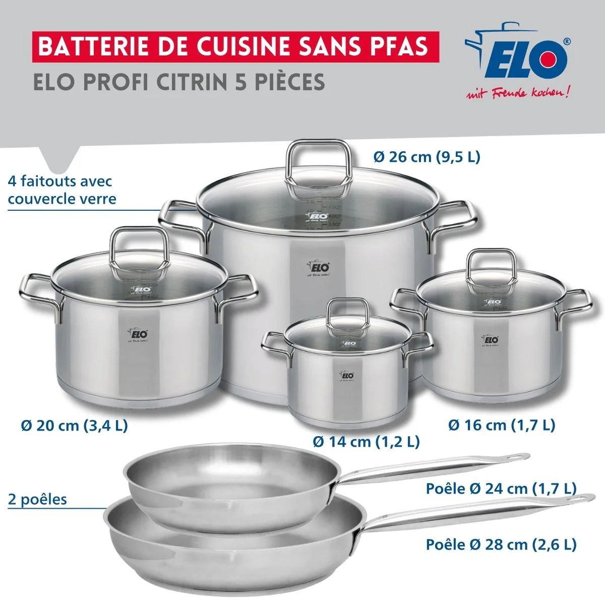 Ensemble de 2 Poêles de cuisson 24 et 28 cm et 4 faitouts 14, 16, 20 et 26 cm Elo Profi Citrin Elo
