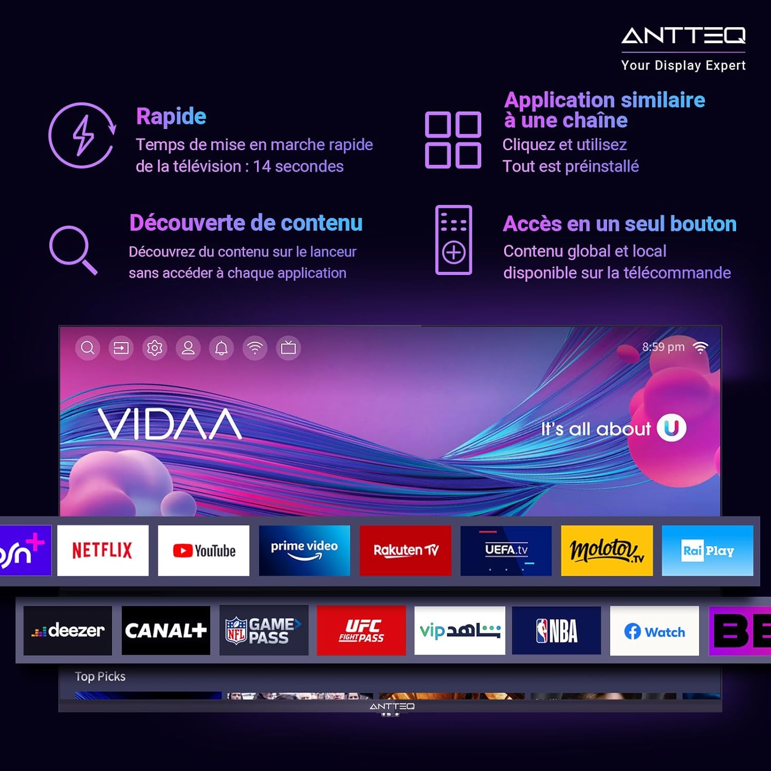 Antteq AB42D1 télévision 42 Pouces (TV 107 cm), Dolby Audio, LED, Triple Tuner DVB-C / T2 / S2, CI+, HDMI, Lecteur multimédia Via USB, Sortie Audio numérique, y Compris Mode hôtel