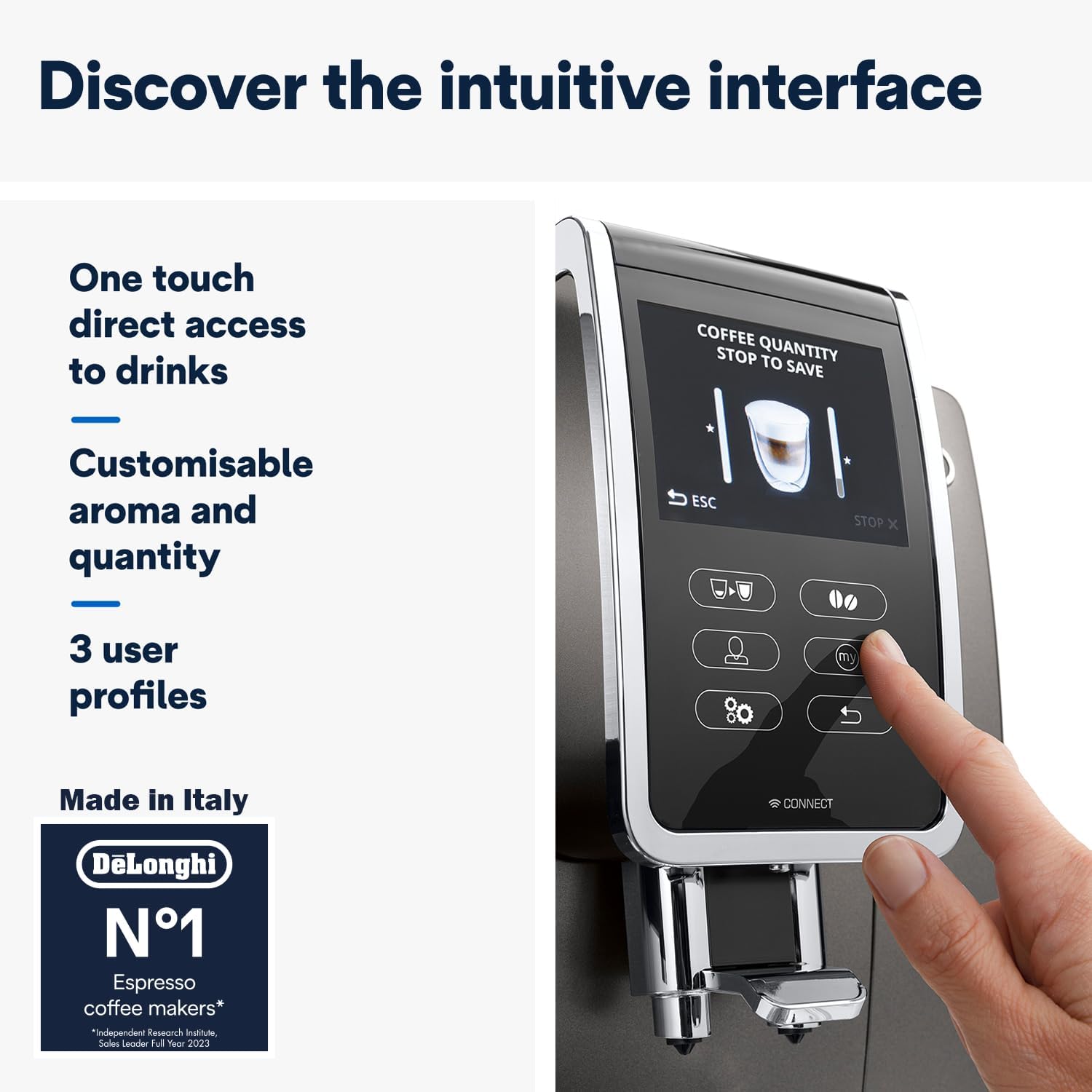 De'Longhi Dinamica Plus ECAM 370.95.T, Machine a Cafe Grain avec Système Lait, Cappuccino et Espresso, Écran Tactile TFT de 3.5 et Contrôle via Application, Fonction Carafe à Café, 1450W, Titan