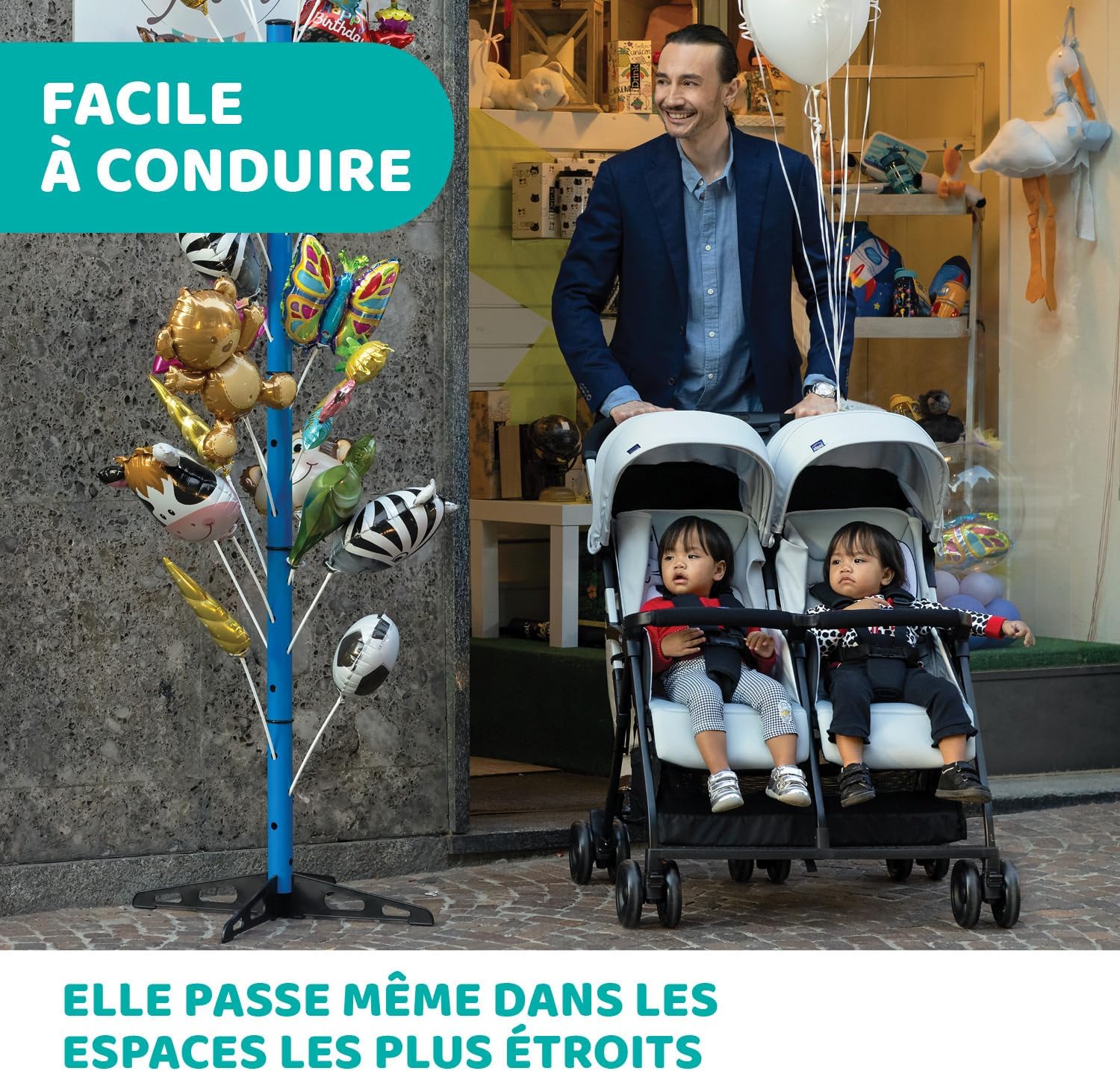 Chicco OHlalà Poussette Canne Double, Légère Inclinable et Pliable, Poussette pour Jumeaux de la Naissance à 15 kg, Fermeture Compacte, Inclus une Housse de Pluie, Capote Extensible - black night