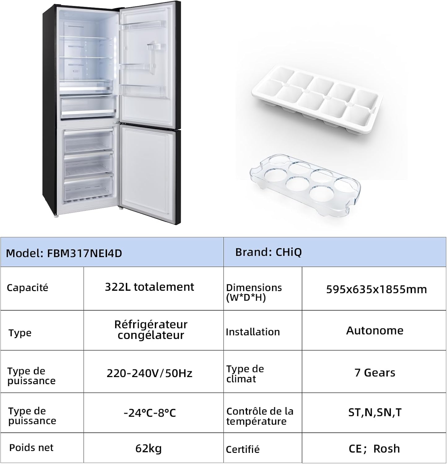 CHIQ Réfrigérateur autoportant 317L à Inverter, 322 l, sans givre, flux d'air multiple, congélation rapide, électronique tactile, compresseur avec garantie de 12 ans, efficacité améliorée, noir