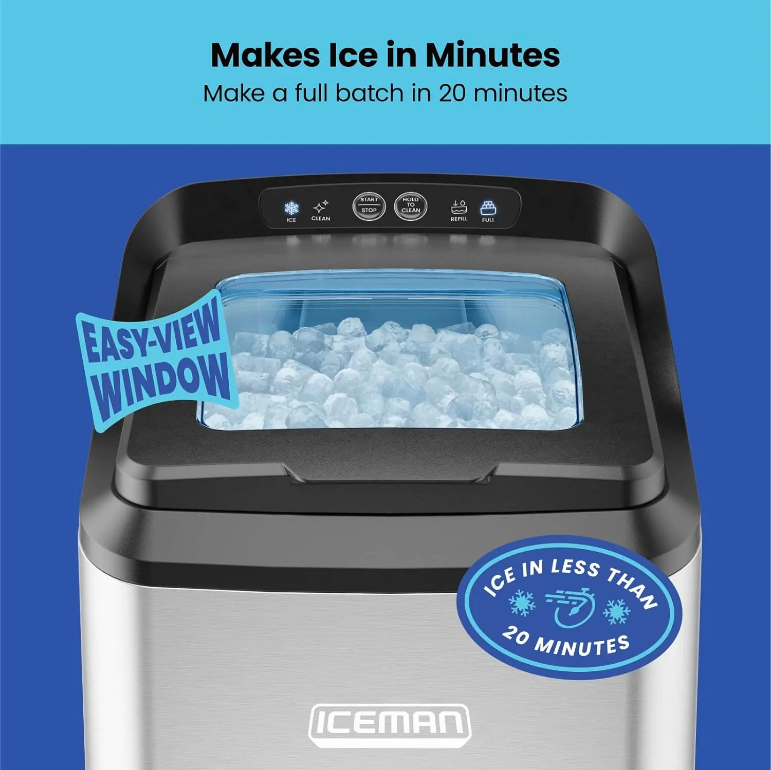 Iceman Countertop Nugget Ice Maker – Pebble Ice Machine, Soft Chewable Pellets in 20 Min, 26Lbs/24H, 3lb. Capacity, Waterline-Compatible, Self-Cleaning, Stainless-Steel + Scoop