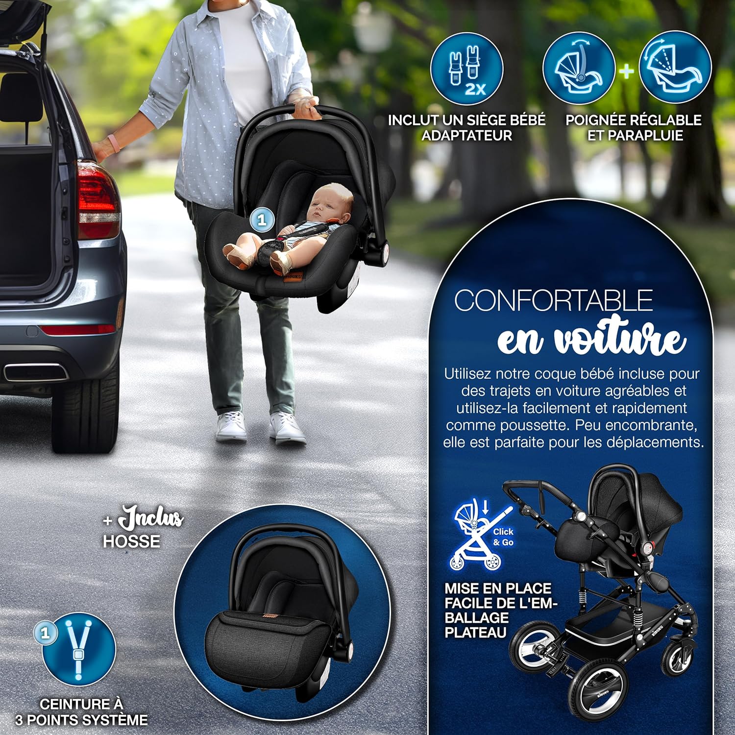 KIDUKU® Poussette Combinée 3 en 1 | Trio pour Enfants | Siége Auto Légère, Piable | Nacelle Souple Convertible | Set de Voyage (Noir/Champagne)