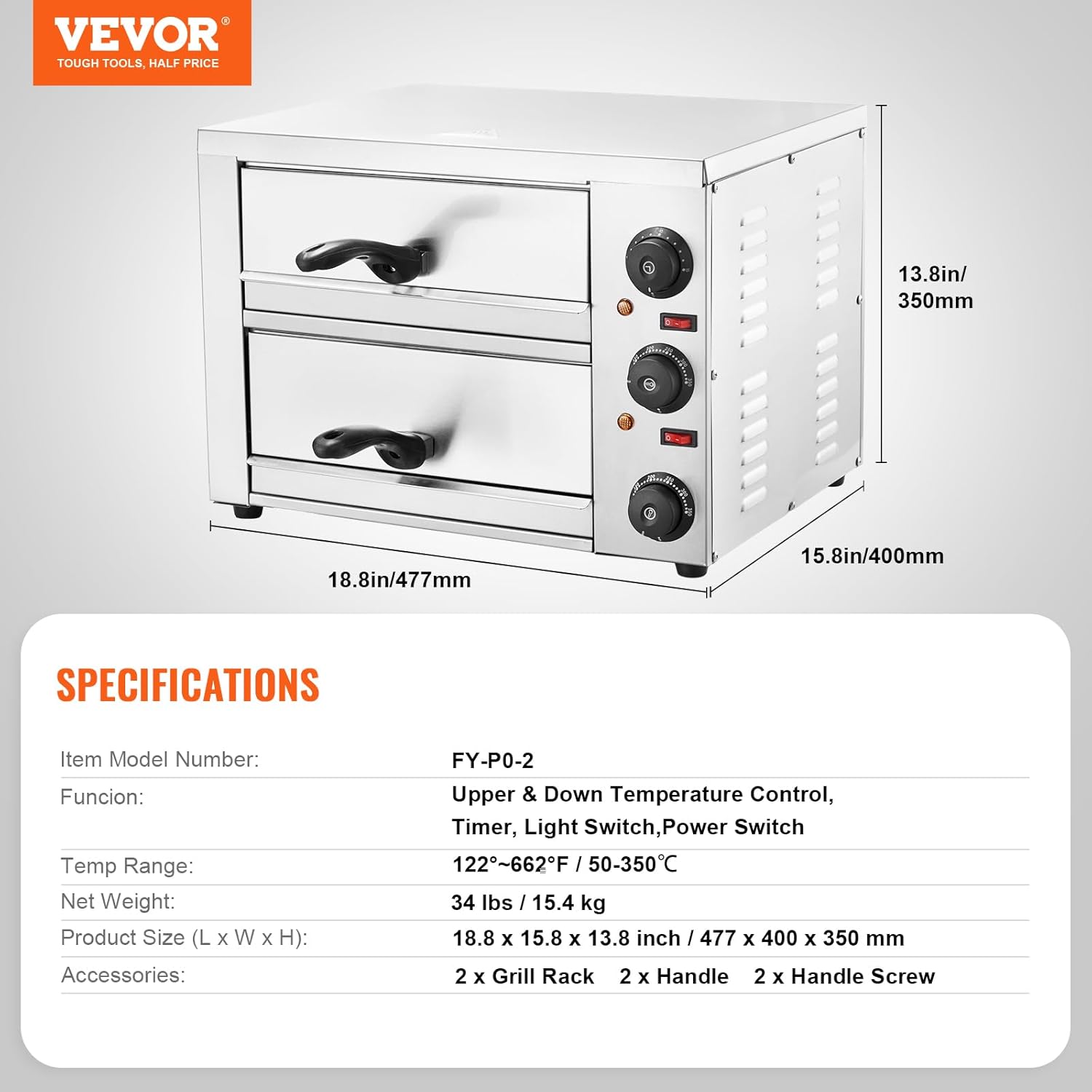 VEVOR Four à Pizza Commercial Capacité 16 po, Four Électrique de Comptoir Double Couche, en Acier Inoxydable, avec Pierre et Poignée, Machine à Pizza d'Intérieur Polyvalente pour Restaurant Maison