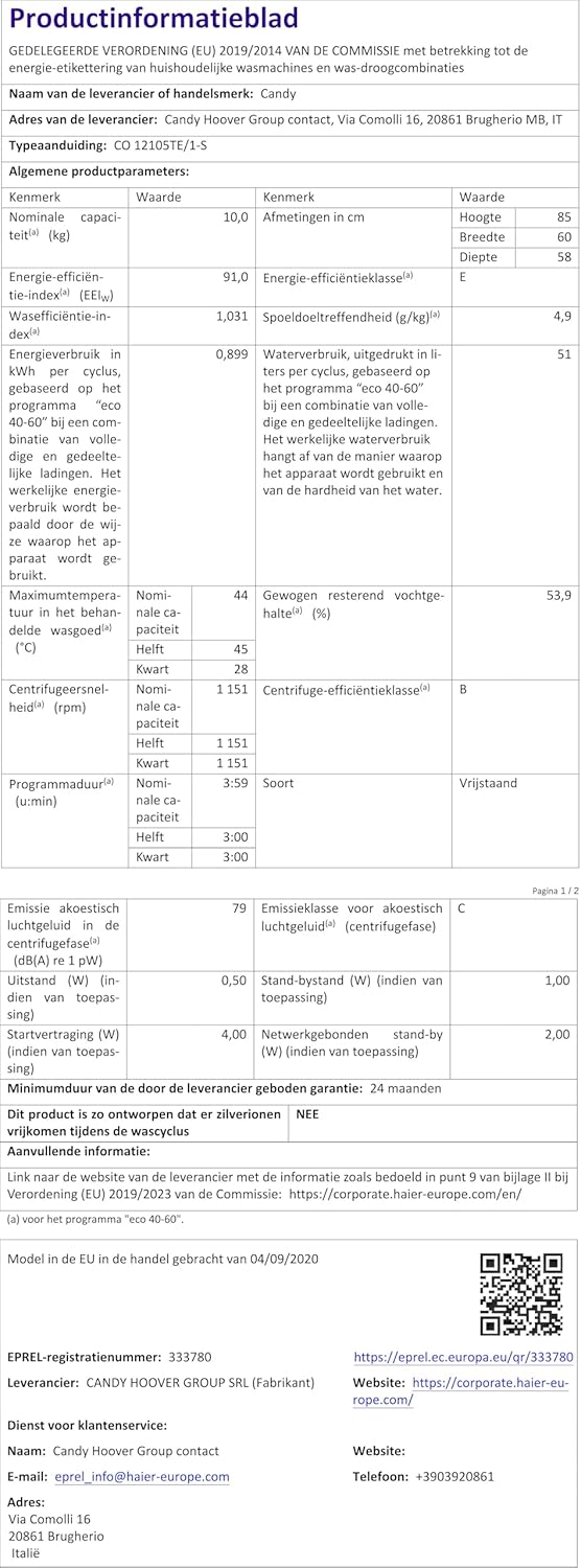 CANDY CO 12105TE/1-S Lave-linge Hublot Smart Pro, 10 kg, 1200 tr/min, Classe E, Blanc