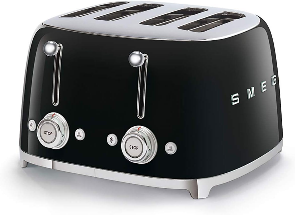 Smeg, Grille-pain 4 Tranches TSF03BLEU, 4 Fentes 36 mm, 6 Niveaux de Brunissage, Fonction Chauffage, Décongélation et Bagel, Éjection Automatique du Pain, 2 Ramasse Miettes, 2000 W, Noir