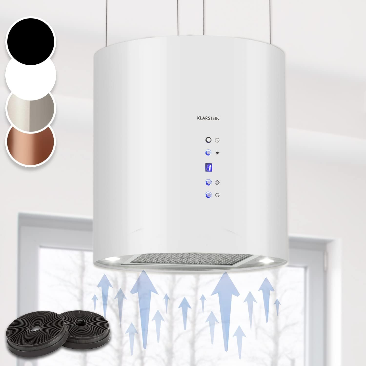 KLARSTEIN Barett - hotte aspirante îlot, hotte aspirante silencieuse Ø 35cm, Puissance Moteur 190W, 560 m³/h Max, 3 Niveaux de Puissance, éclairage LED, INOX - Argent