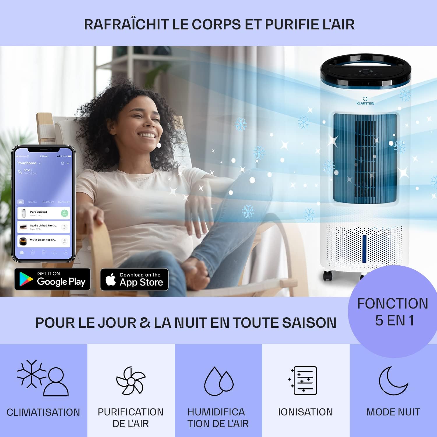 Klarstein Rafraichisseur d'Air 4 en 1, Climatiseur Portable Smart APP Mobile, Humidificateur, Ventilateur, Sans Évacuation 65W, Pack Glacons, Mode Nuit, Puissant Débit d'Air 330m³/h