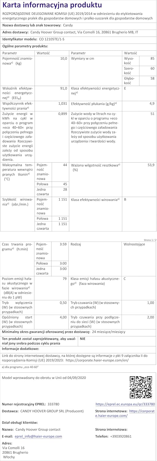 CANDY CO 12105TE/1-S Lave-linge Hublot Smart Pro, 10 kg, 1200 tr/min, Classe E, Blanc