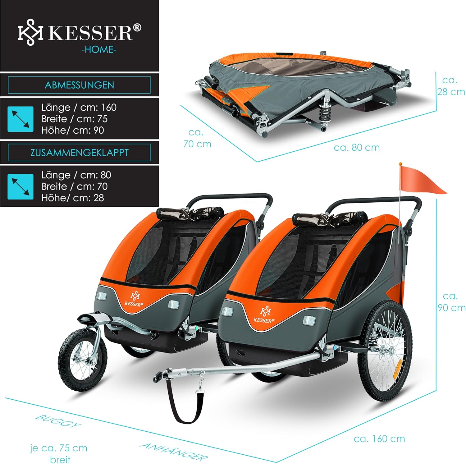 KESSER® Remorque de vélo pour enfant - Rotation à 360° - Avec suspension 2 en 1 - Fonction jogger - Remorque de vélo pour enfant - Sangle à 5 points - Pour 1 à 2 enfants - 40 kg