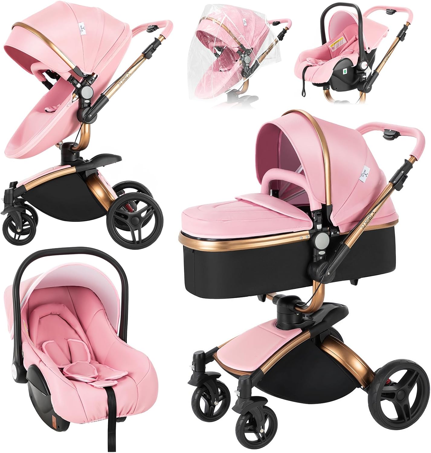 Magic ZC Poussette 3 en 1, Poussette Bebe avec Conception Portable Pliable en Un Clic, Pousette 3 en 1 avec Poussée Réversible Bidirectionnelle, Poussette Trio avec Accessoires (black gold 588)