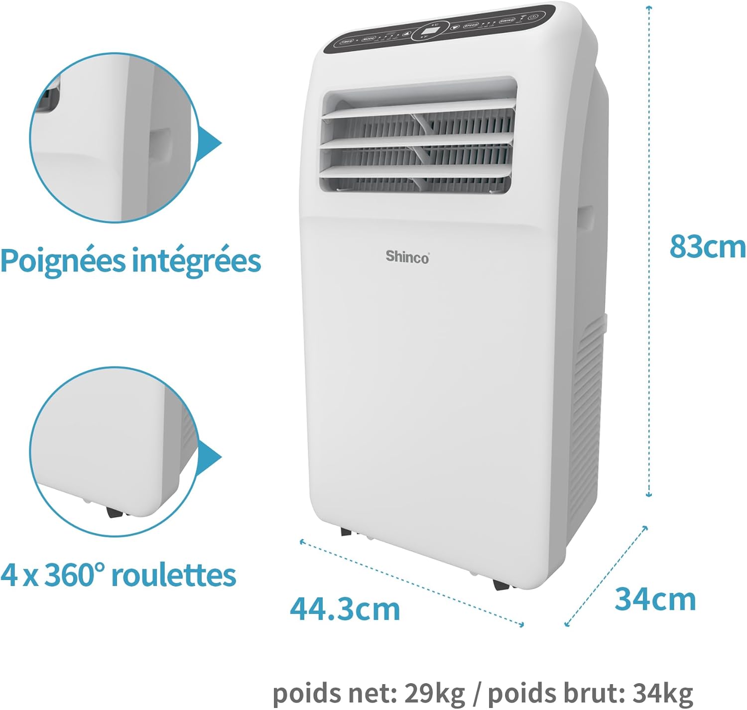 SHINCO Climatiseur mobile, 7000 BTU 2,05kW, Refroidir&Ventilation&Déshumidification, taille de la pièce jusqu'à 54m³(18㎡), Climatiseur mobile avec tuyau d'évacuation et tuyau de vidange, mode sommeil
