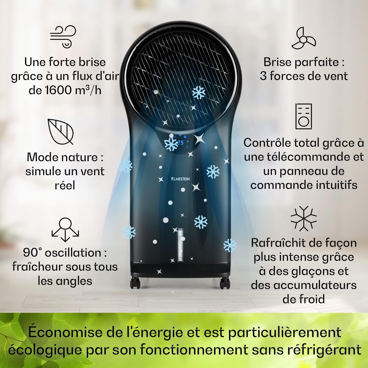 Klarstein Climatiseur Mobile 3 en 1, Climatiseur Portable avec Humidificateur, Ventilateur, Climatiseur Mobile Sans Évacuation, 2 Pack Glacons, Minuterie, 3 Modes, 90W, Puissant Débit d'Air 1600m³/h