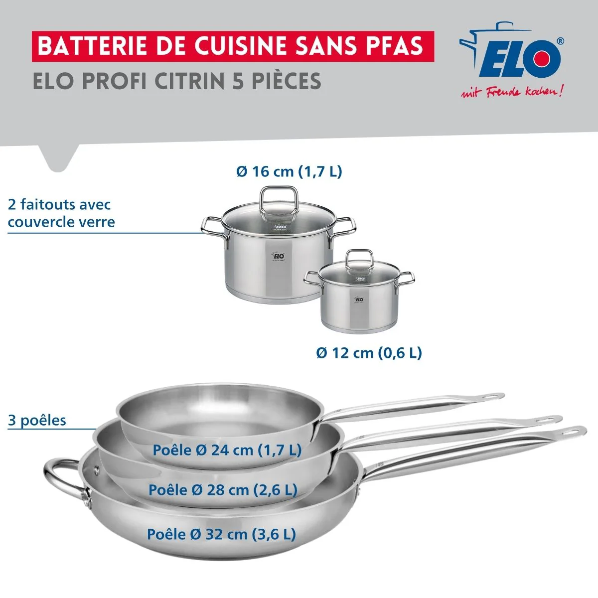 Ensemble de 3 Poêles de cuisson 24, 28 et 32 cm et 2 faitouts 12 et 16 cm Elo Profi Citrin Elo