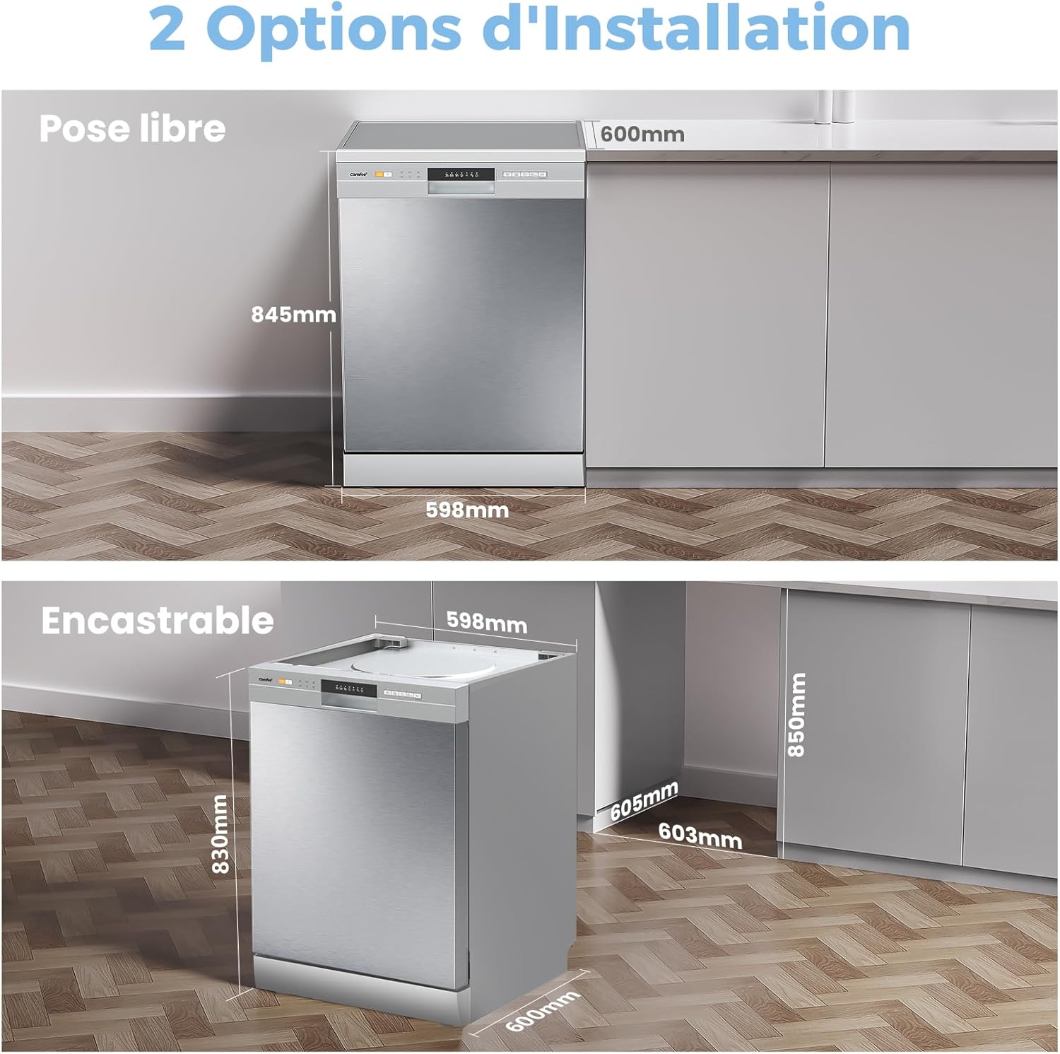 COMFEE' CDWPF1201PS Lave-vaisselle Pose Libre, 60 cm, 12 couverts, départ différé, fonction demi-charge, paniers flexibles - Acier Inoxydable, 49 dB, Commande Bouton