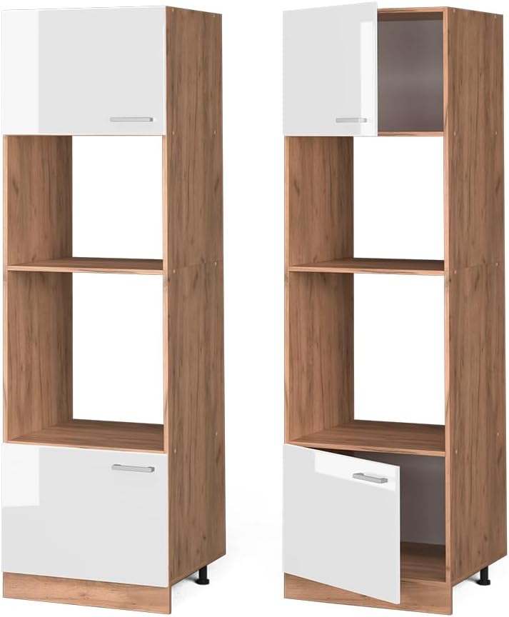 Vicco Armoire Micro-Ondes R-Line, Blanc Haute Brillance/Chêne de Force doré, 60 cm
