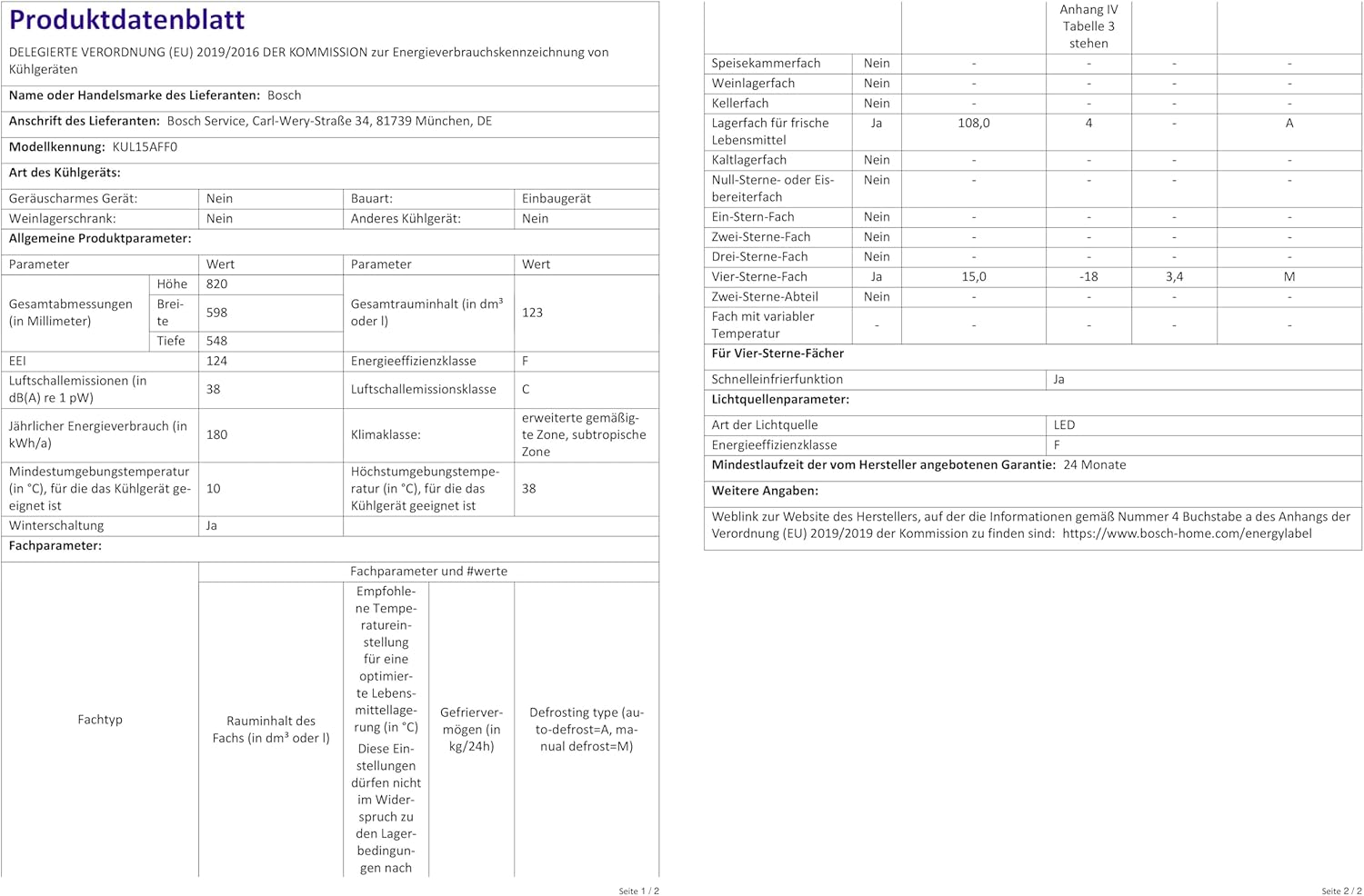 Bosch KIR81AFE0 Serie 6 Réfrigérateur encastrable, 177,5 x 56 cm, 319 L, charnière plate, fabriqué en Allemagne, VitaFresh plus 2 x fraîcheur plus longue, éclairage LED uniforme