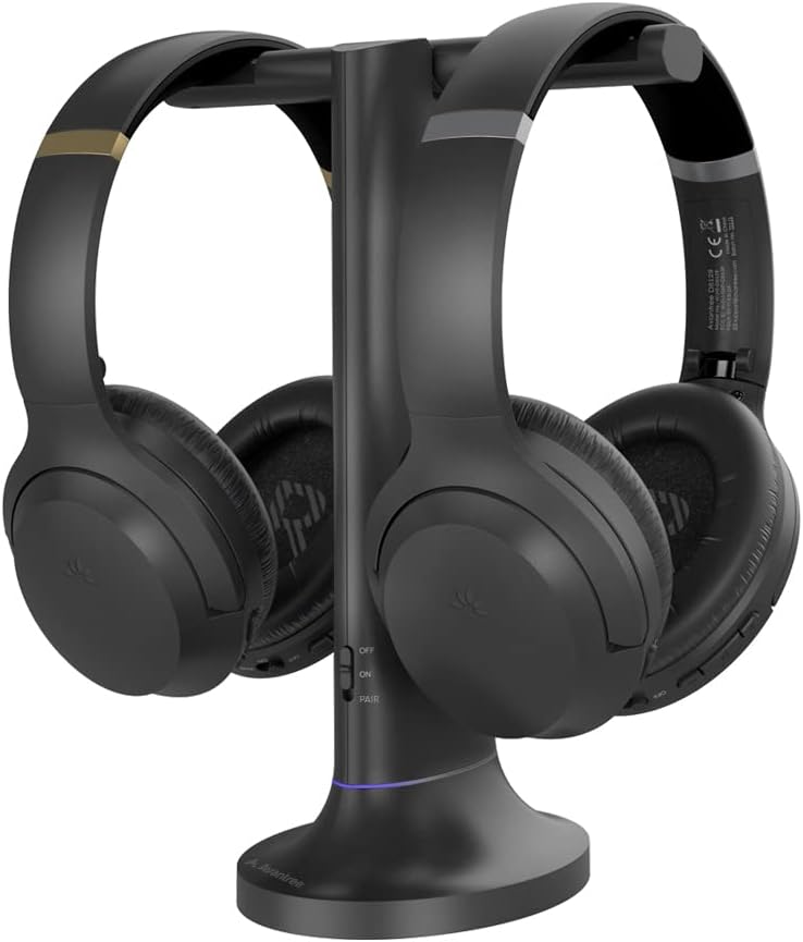 Avantree Duet - Set Doubles Casques sans Fil pour Télévision avec émetteur Support de Charge 2 en 1, Mode Dialogue Clair et Amplification Volume TV pour Séniors, Jusqu'à 100 Casques Simultanés