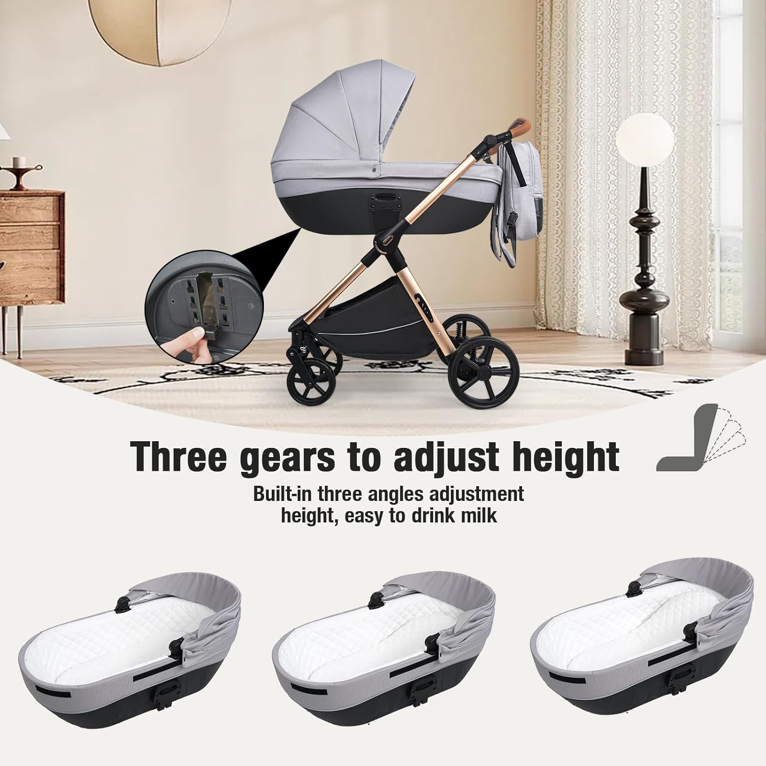 NADDLILY Poussette 3 en 1, Poussette Bebe avec Conception Portable Pliable en Un Clic, Pousette 3 en 1 avec Poussée Réversible Bidirectionnelle, Poussette Canne avec Accessoires (V9 Black)