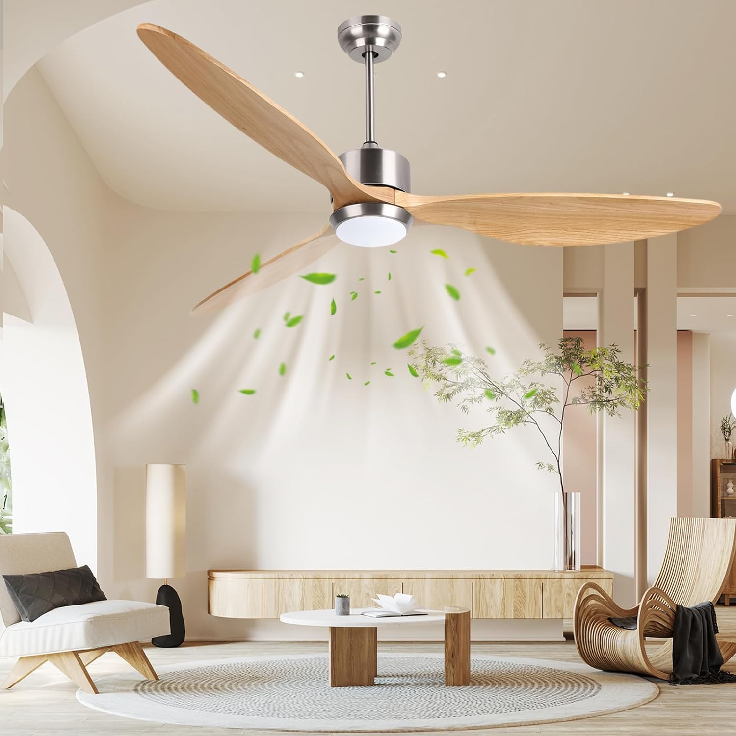 Ovlaim 132cm intérieur extérieur 3 pales hélice Smart ventilateur de plafond, Ventilateur de plafond en bois massif à moteur DC silencieux avect