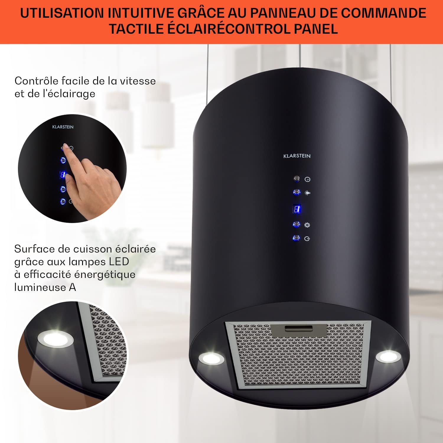 KLARSTEIN Barett - hotte aspirante îlot, hotte aspirante silencieuse Ø 35cm, Puissance Moteur 190W, 560 m³/h Max, 3 Niveaux de Puissance, éclairage LED, INOX - Argent